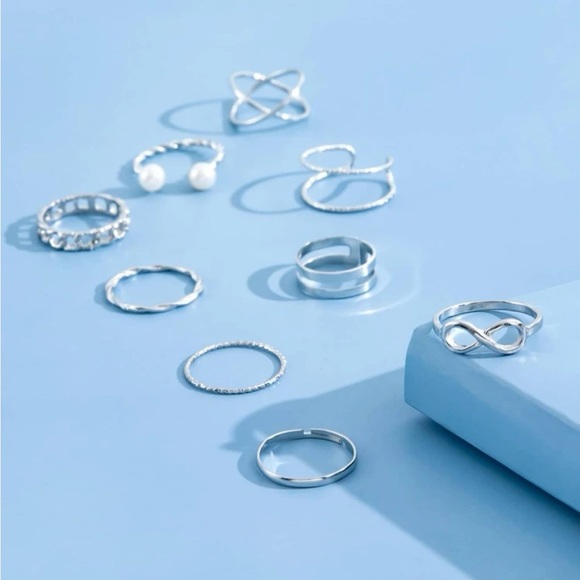 9pcs Silver Pearl & Infinity Silver Ring Set - Picture 4 of 7